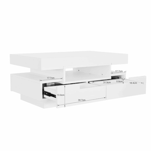 Mesa de centro com LED - acabamento brilhante - 4 gavetas à frente e atrás - Branco