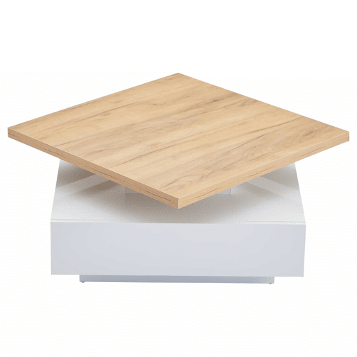 Mesa de centro quadrada com rotação de 360° - 70x70x36 cm - com 1 gaveta - Branco e Natural