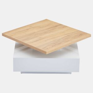Mesa de centro quadrada com rotação de 360° - 70x70x36 cm - com 1 gaveta - Branco e Natural