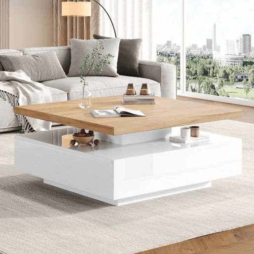 Mesa de centro quadrada com rotação de 360° - 70x70x36 cm - com 1 gaveta - Branco e Natural