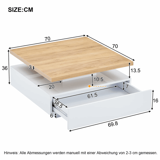 Mesa de centro quadrada com rotação de 360° - 70x70x36 cm - com 1 gaveta - Branco e Natural