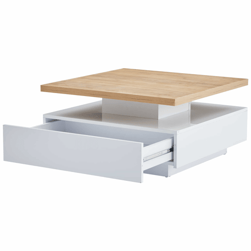 Mesa de centro quadrada com rotação de 360° - 70x70x36 cm - com 1 gaveta - Branco e Natural