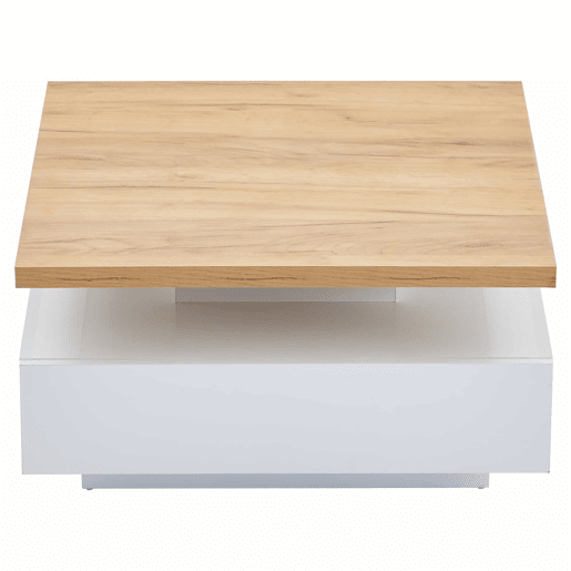 Mesa de centro quadrada com rotação de 360° - 70x70x36 cm - com 1 gaveta - Branco e Natural