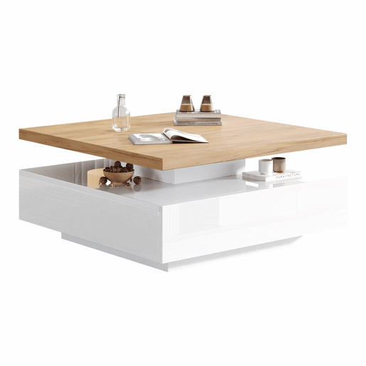 Mesa de centro quadrada com rotação de 360° - 70x70x36 cm - com 1 gaveta - Branco e Natural