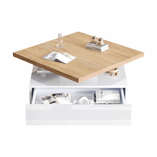Mesa de centro quadrada com rotação de 360° - 70x70x36 cm - com 1 gaveta - Branco e Natural
