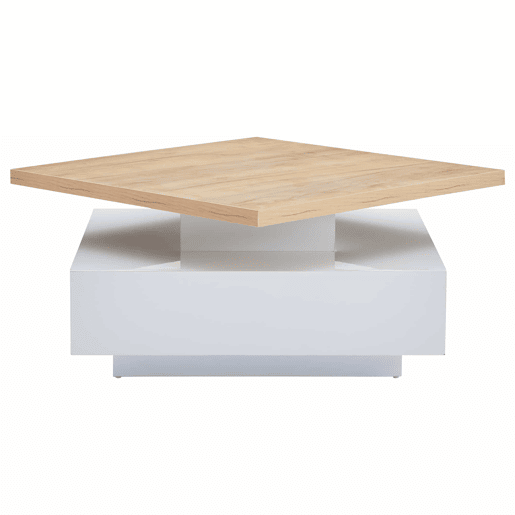 Mesa de centro quadrada com rotação de 360° - 70x70x36 cm - com 1 gaveta - Branco e Natural