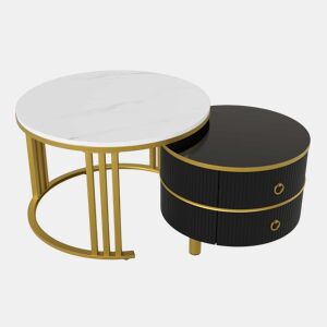 Conjunto de 2 mesas de centro com 2 gavetas - tampo com design em mármore - dourado e preto