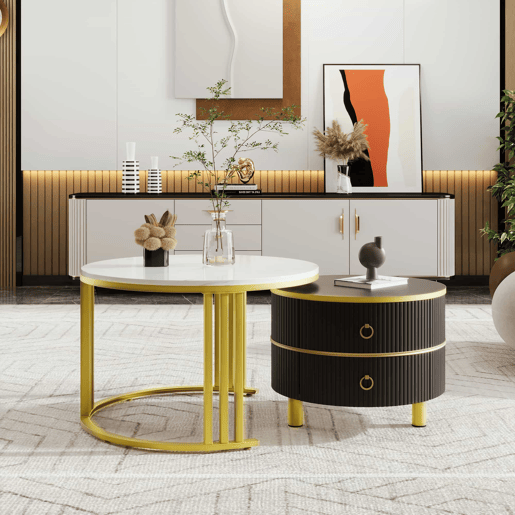Conjunto de 2 mesas de centro com 2 gavetas - tampo com design em mármore - dourado e preto