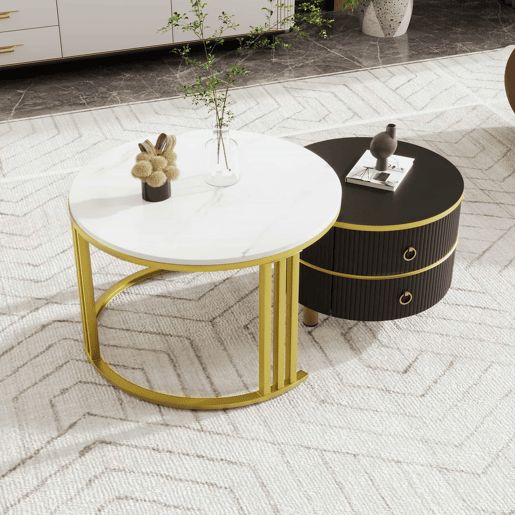 Conjunto de 2 mesas de centro com 2 gavetas - tampo com design em mármore - dourado e preto