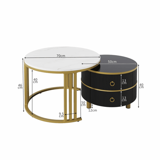 Conjunto de 2 mesas de centro com 2 gavetas - tampo com design em mármore - dourado e preto