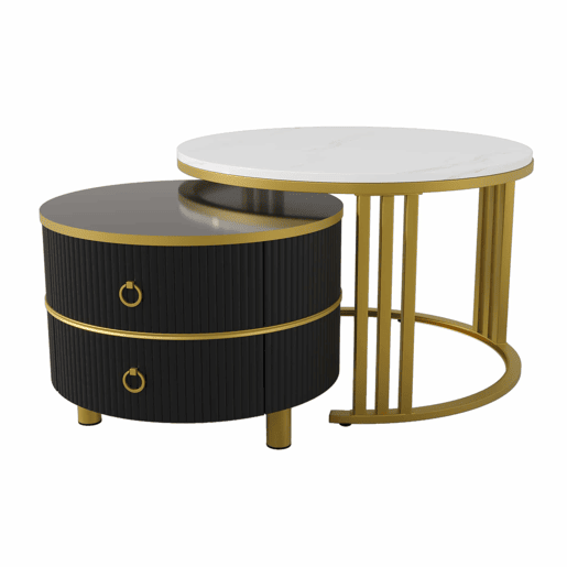 Conjunto de 2 mesas de centro com 2 gavetas - tampo com design em mármore - dourado e preto