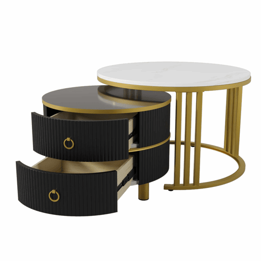 Conjunto de 2 mesas de centro com 2 gavetas - tampo com design em mármore - dourado e preto