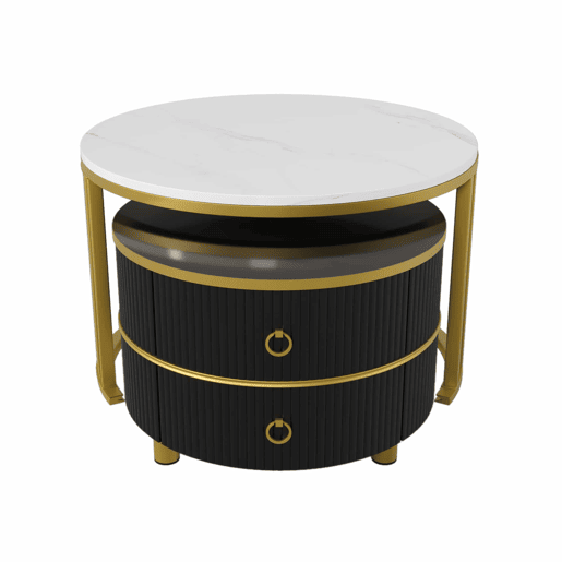 Conjunto de 2 mesas de centro com 2 gavetas - tampo com design em mármore - dourado e preto