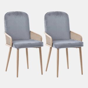 Conjunto de 2 cadeiras de veludo com braços de rotim - 4 pés de metal natural - Cinzento
