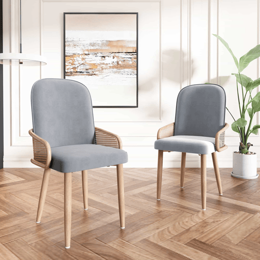 Conjunto de 2 cadeiras de veludo com braços de rotim - 4 pés de metal natural - Cinzento