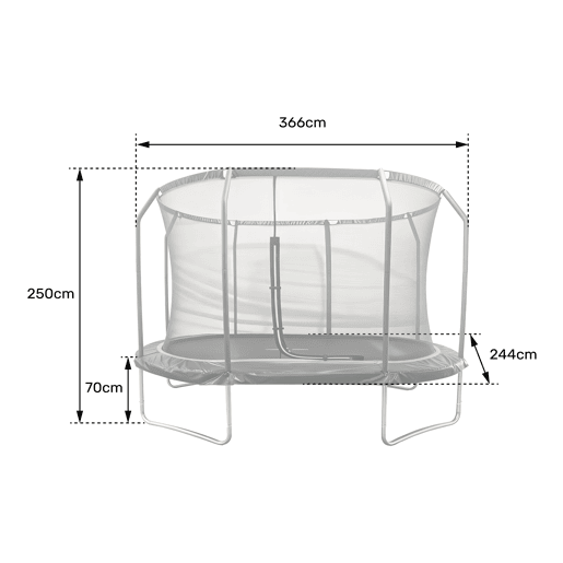 Trampolim oval 366x244cm preto SYDNEY + rede e escada