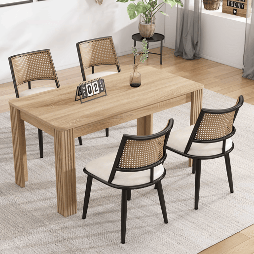 Conjunto de 6 cadeiras de jantar com almofada em pele sintética e encosto em rotim PE - Preto