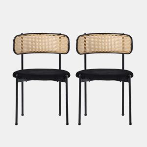 Conjunto de 2 cadeiras de veludo e rotim - pernas de metal - Preto