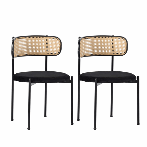 Conjunto de 2 cadeiras de veludo e rotim - pernas de metal - Preto