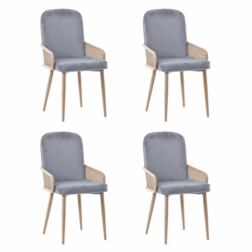 Conjunto de 4 cadeiras de veludo com braços de rotim - 4 pernas de metal natural - Cinzento