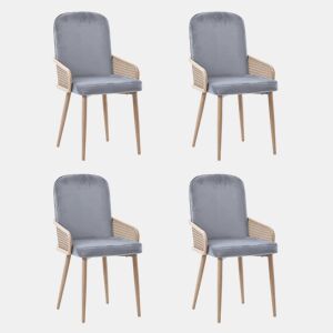 Conjunto de 4 cadeiras de veludo com braços de rotim - 4 pernas de metal natural - Cinzento