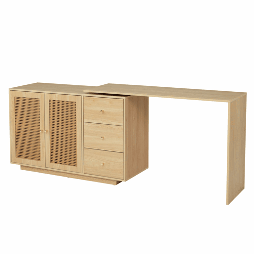 Secretária em forma de L 126 cm - Mesa de computador com portas de rattan - Madeira natural