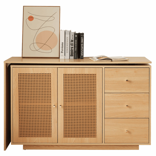Secretária em forma de L 126 cm - Mesa de computador com portas de rattan - Madeira natural
