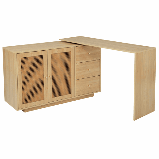 Secretária em forma de L 126 cm - Mesa de computador com portas de rattan - Madeira natural