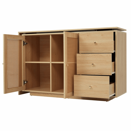 Secretária em forma de L 126 cm - Mesa de computador com portas de rattan - Madeira natural