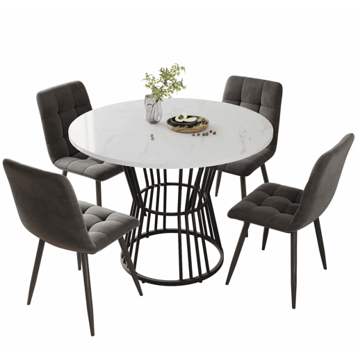 Conjunto de sala de jantar de 5 peças - Mesa redonda de 100 cm - 4 cadeiras de veludo cinza escuro
