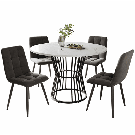Conjunto de sala de jantar de 5 peças - Mesa redonda de 100 cm - 4 cadeiras de veludo cinza escuro