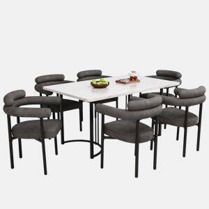 Conjunto de sala de jantar de 7 peças - com pernas de metal, 6 cadeiras de veludo cinzento - Cinza escuro