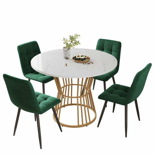 Conjunto de sala de jantar de 5 peças - Mesa redonda de 100 cm - 4 cadeiras de veludo verde
