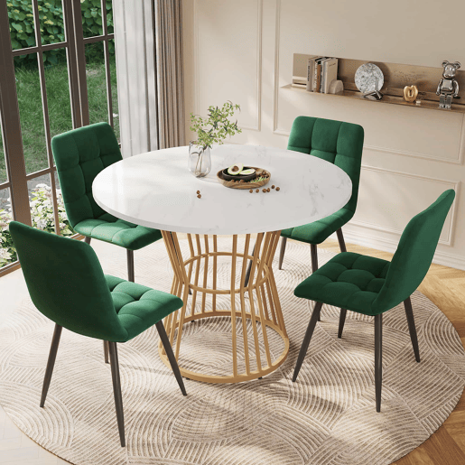Conjunto de sala de jantar de 5 peças - Mesa redonda de 100 cm - 4 cadeiras de veludo verde