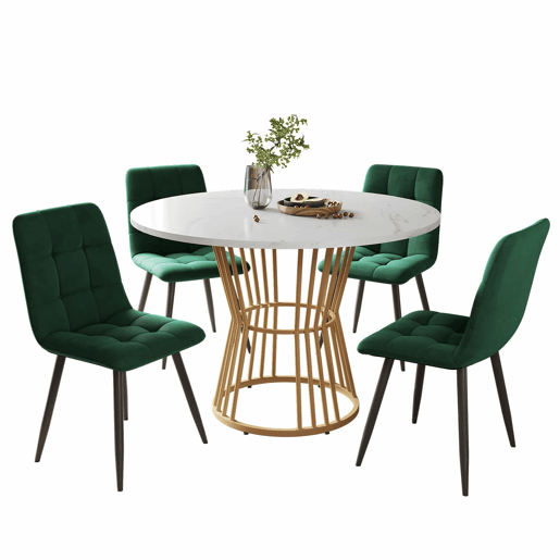 Conjunto de sala de jantar de 5 peças - Mesa redonda de 100 cm - 4 cadeiras de veludo verde