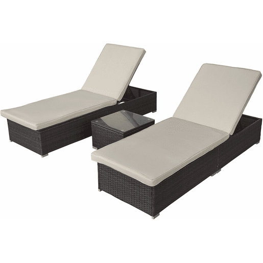 Conjunto de 2 espreguiçadeiras em resina trançada com almofadas e mesa baixa > - Créme Conjunto de 2 espreguiçadeiras em resina trançada com almofadas e mesa baixa > - Créme