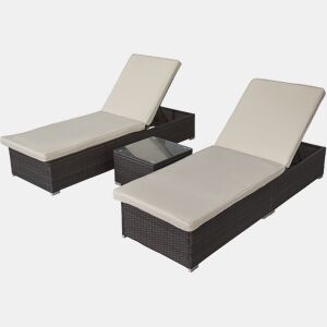 Conjunto de 2 espreguiçadeiras em resina trançada com almofadas e mesa baixa > - Créme