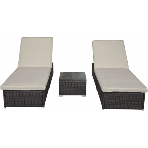 Conjunto de 2 espreguiçadeiras em resina trançada com almofadas e mesa baixa > - Créme Conjunto de 2 espreguiçadeiras em resina trançada com almofadas e mesa baixa > - Créme