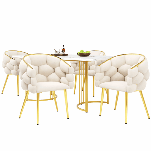 Conjunto de sala de jantar de 5 peças 140x80 cm - Mesa de jantar moderna com pernas douradas, cadeiras com pernas metálicas douradas - Bege, Branco