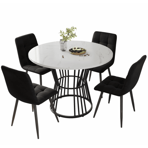 Conjunto de sala de jantar de 5 peças - Mesa redonda de 100 cm - Estrutura metálica preta - Cadeiras de veludo preto
