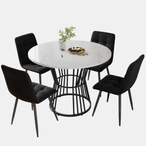 Conjunto de sala de jantar de 5 peças - Mesa redonda de 100 cm - Estrutura metálica preta - Cadeiras de veludo preto