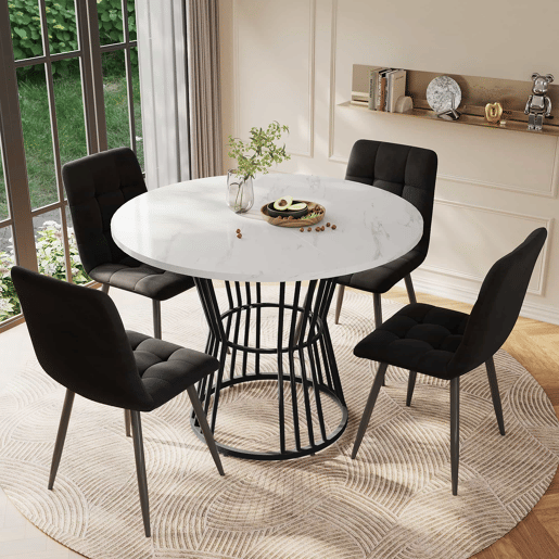 Conjunto de sala de jantar de 5 peças - Mesa redonda de 100 cm - Estrutura metálica preta - Cadeiras de veludo preto