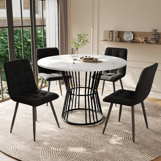 Conjunto de sala de jantar de 5 peças - Mesa redonda de 100 cm - Estrutura metálica preta - Cadeiras de veludo preto