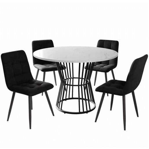 Conjunto de sala de jantar de 5 peças - Mesa redonda de 100 cm - Estrutura metálica preta - Cadeiras de veludo preto