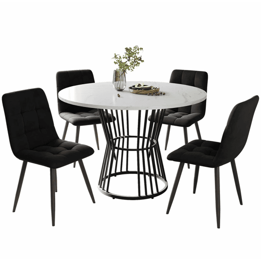 Conjunto de sala de jantar de 5 peças - Mesa redonda de 100 cm - Estrutura metálica preta - Cadeiras de veludo preto