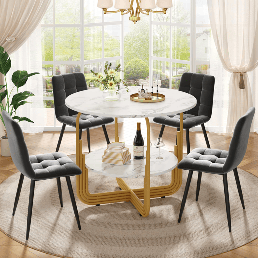 Conjunto de mesa e cadeiras 80 cm - Mesa redonda com pernas metálicas douradas - Cadeiras cinzentas