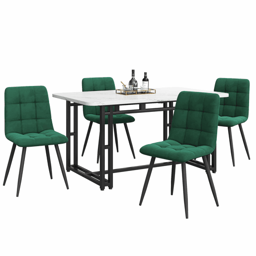 Conjunto de sala de jantar 140x80cm - mesa moderna com 4 cadeiras de veludo verde - pernas de ferro pretas