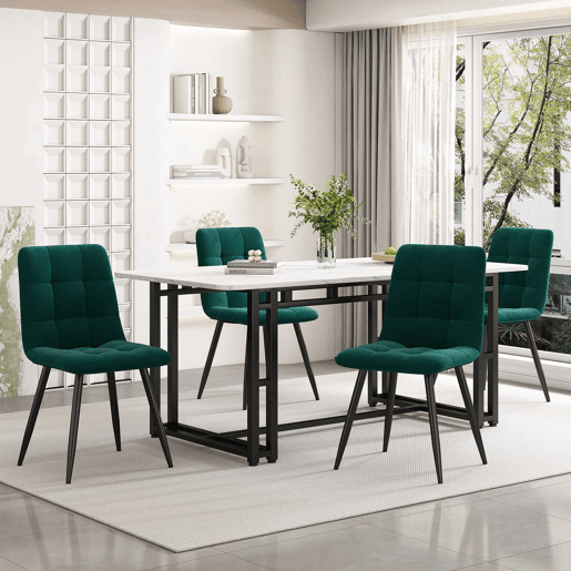 Conjunto de sala de jantar 140x80cm - mesa moderna com 4 cadeiras de veludo verde - pernas de ferro pretas