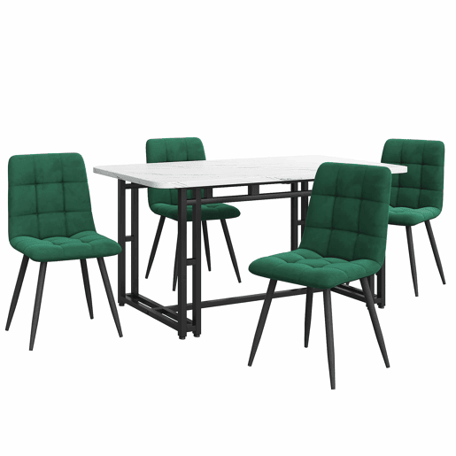 Conjunto de sala de jantar 140x80cm - mesa moderna com 4 cadeiras de veludo verde - pernas de ferro pretas
