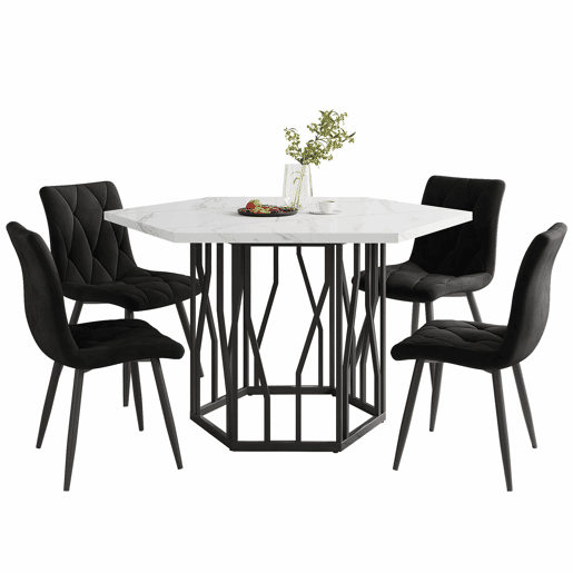 Conjunto de sala de jantar de 5 peças - Mesa de jantar hexagonal em mármore + 4 cadeiras em veludo preto - Preto